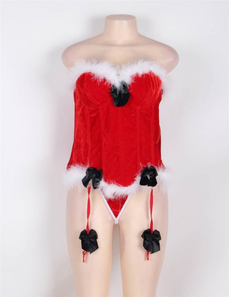 Корсет снегурочки красный бархатный с белой опушкой и черным бантом 46 - Фотография №5