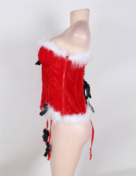 Корсет снегурочки красный бархатный с белой опушкой и черным бантом 46 - Фотография №4