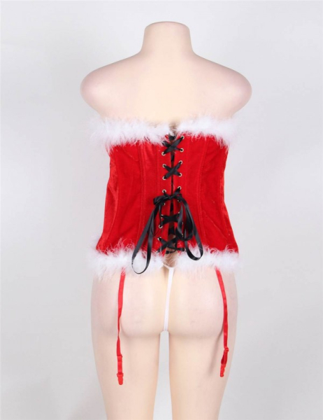 Корсет снегурочки красный бархатный с белой опушкой и черным бантом 46 - Фотография №3