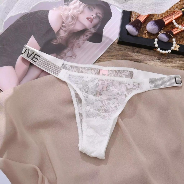 Трусики кружевные "LOVE" белые со стразами L - Фотография №1