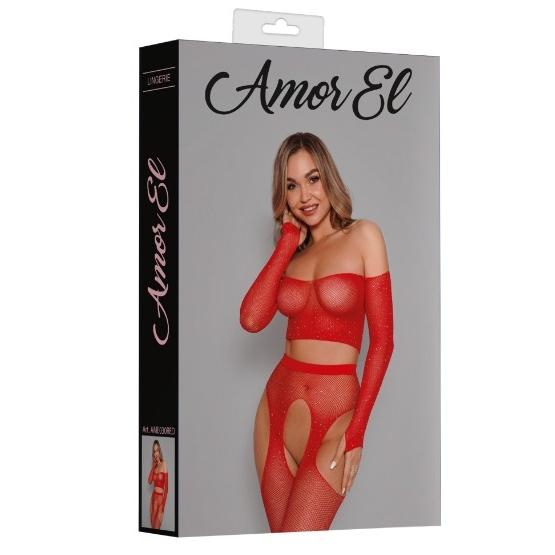 Комплект "Amor El" красный топ с колготками, мелкая сетка со стразами - Фотография №3