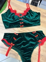 Комплект изумрудный лиф и трусики с красными бантиками и кружевом Интим Хаус