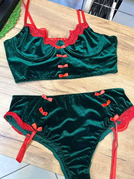Комплект изумрудный лиф и трусики с красными бантиками и кружевом - Фотография №1
