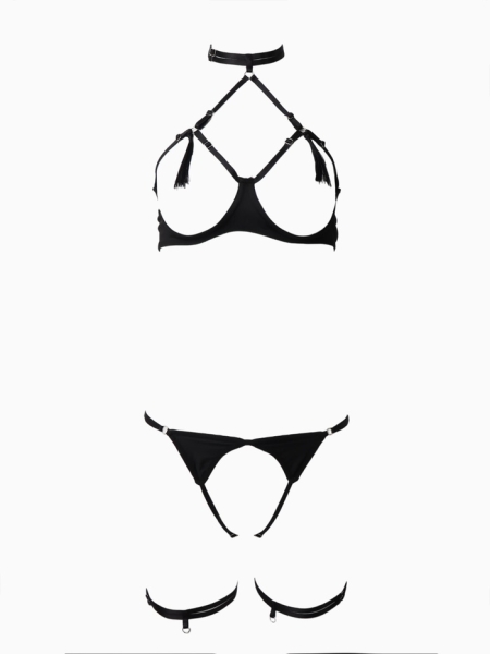Бюст на косточках с кисточками трусики и стринги-джоки с доступом, гартеры 2 шт - Фотография №2