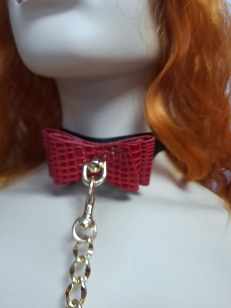 Ошейник с поводком черный с красным бантом - Фотография №2