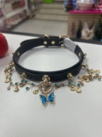 Ошейник черный узкий с украшением в видже бабочек с голубыми камушками Интим Хаус