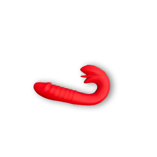 Вибратор красный изогнутый с клиторальным стимулятором тройным язычком - Фотография №1