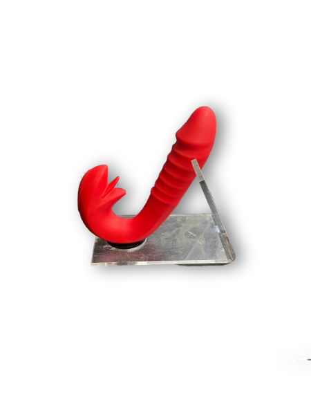 Вибратор красный изогнутый с клиторальным стимулятором тройным язычком - Фотография №2