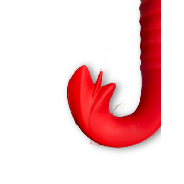 Вибратор красный изогнутый с клиторальным стимулятором тройным язычком - Фотография №4