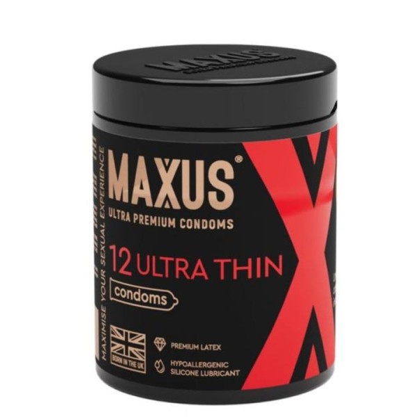 Презервативы  ультратонкие "Maxus"  Ultra Thin X-Edition 12 шт в черной банке - Фотография №1